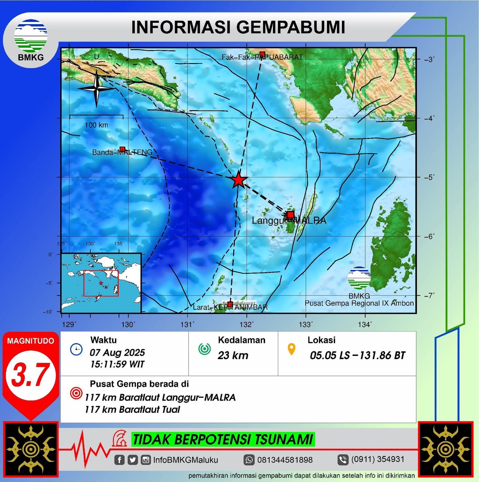 Gempa 3,7 Magnitudo Guncang Barat Laut Langgur dan Tual, BMKG Imbau Warga Tetap Tenang