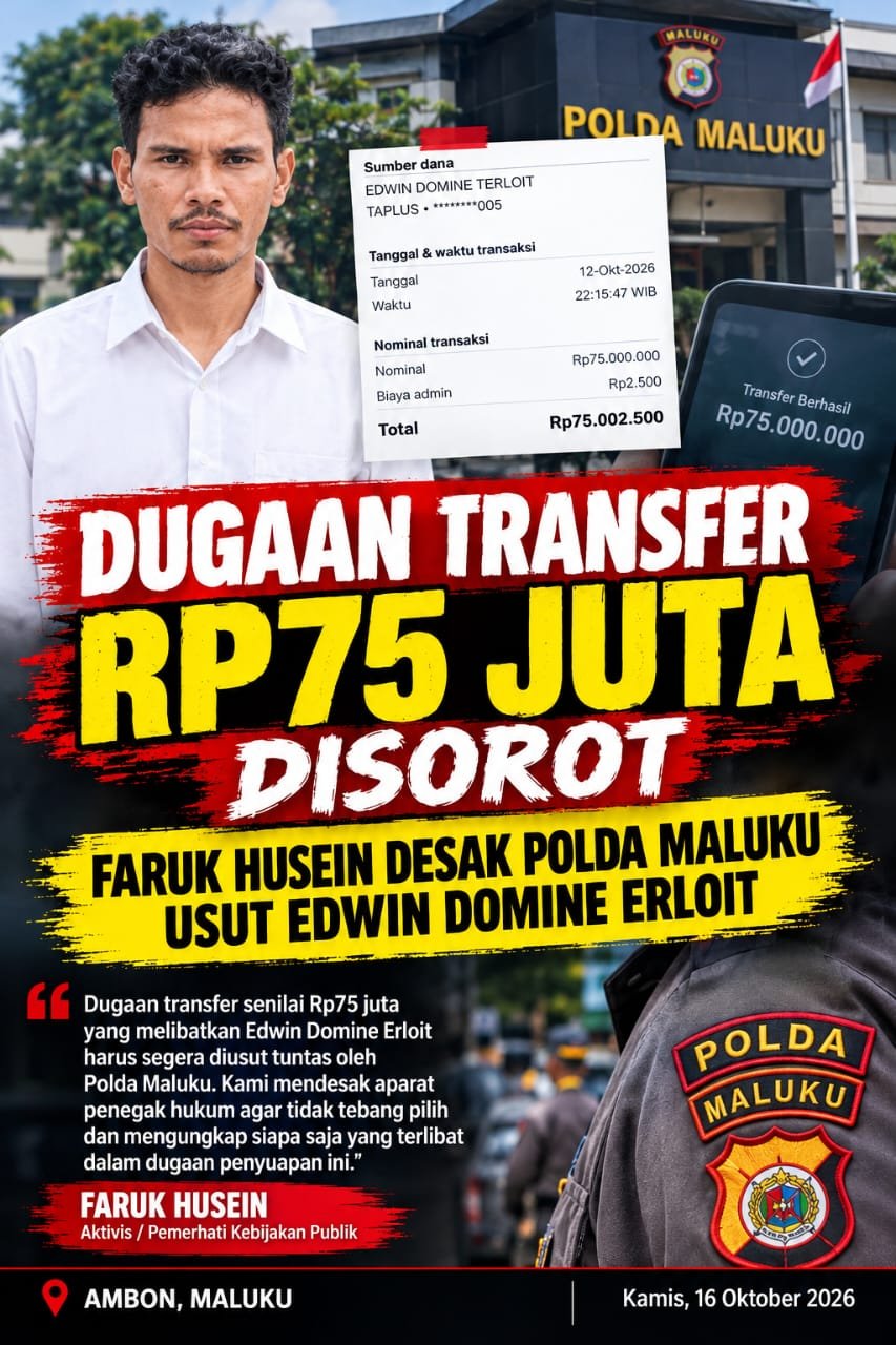 Dugaan Transfer Rp75 Juta Disorot, Faruk Husein Desak Polda Maluku Usut Edwin Domine Erloit